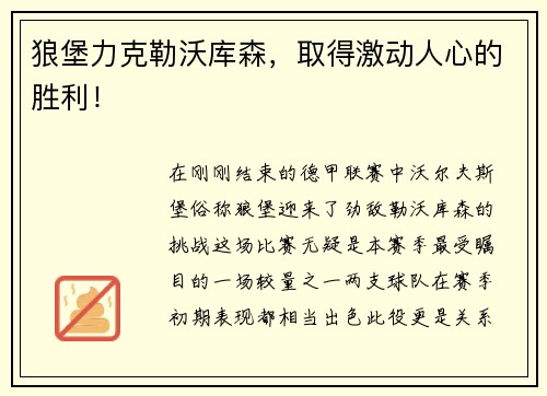 狼堡力克勒沃库森，取得激动人心的胜利！