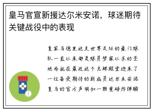 皇马官宣新援达尔米安诺，球迷期待关键战役中的表现